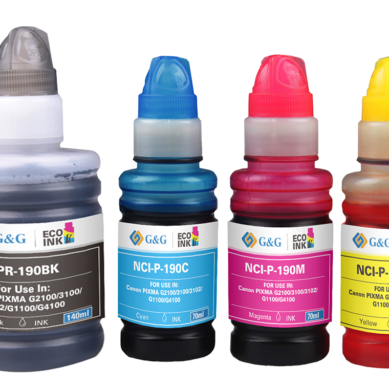 Pack Tintas para Canon GI190BKPg 140mlBK / GI190 70ml Cyan, Magenta, Yellow 1