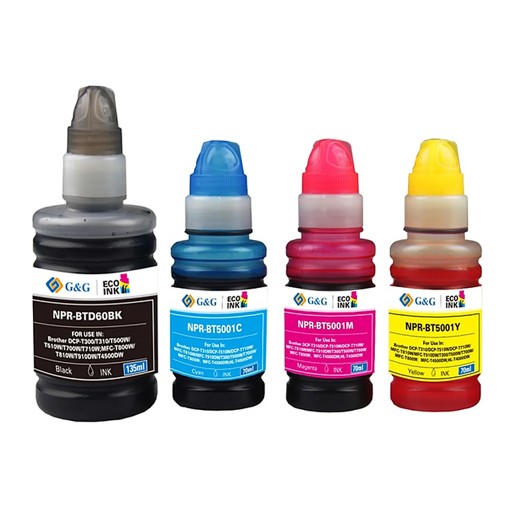 Pack 4 Tintas Alternativas Brother BT-D60 + BT-5001 CMYK | Negro y Colores Compatible 1
