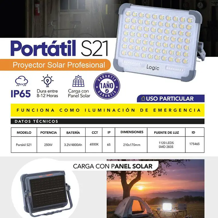 Proyector Solar Portátil Logic S21 Pro 250W Base Magnética 1120 LED Recargable 2