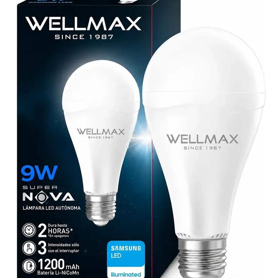 Ampolleta LED de Emergencia Recargable Wellmax Super Nova 9W E27 Luz Fría 1