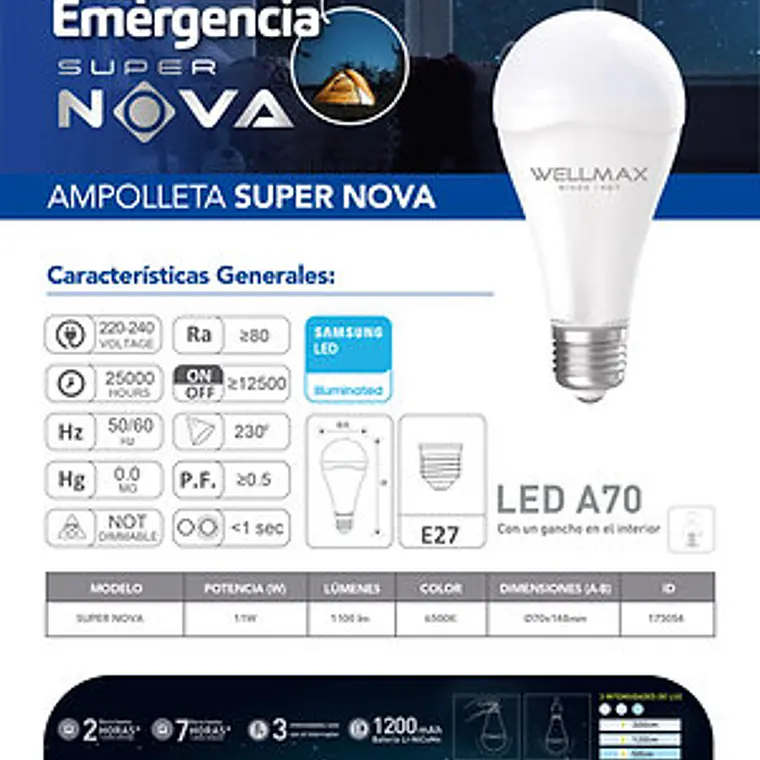 Ampolleta LED de Emergencia Recargable Wellmax Super Nova 11W E27 Luz Fría 4