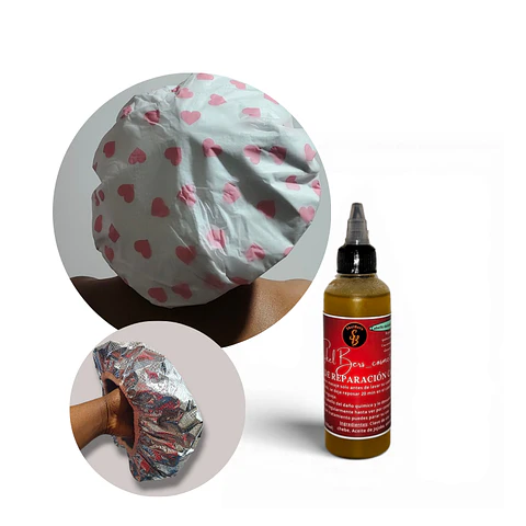 KIT de un aceite de reparación del cabello quemado con caída excesiva y un gorro termico de aluminio