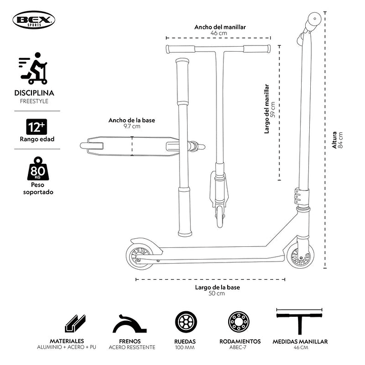 Scooter Freestyle Acrobacia De Salto Blanco Barra 82Cm Bex 5
