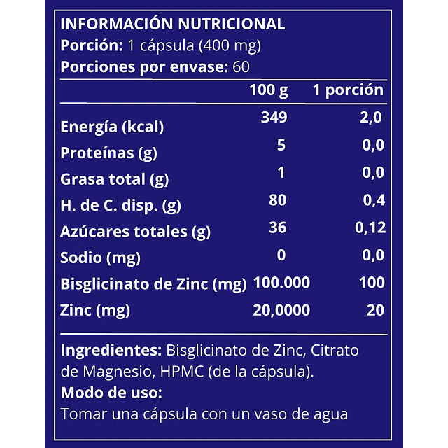 Zinc bisglicinato 60 cápsulas vegetales 