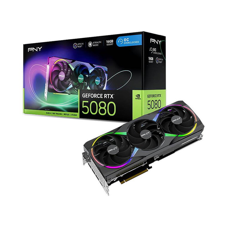 Tarjeta de Video PNY GeForce RTX 5080 16GB GDDR7 ARGB EPIC-X Triple Fan OC 1