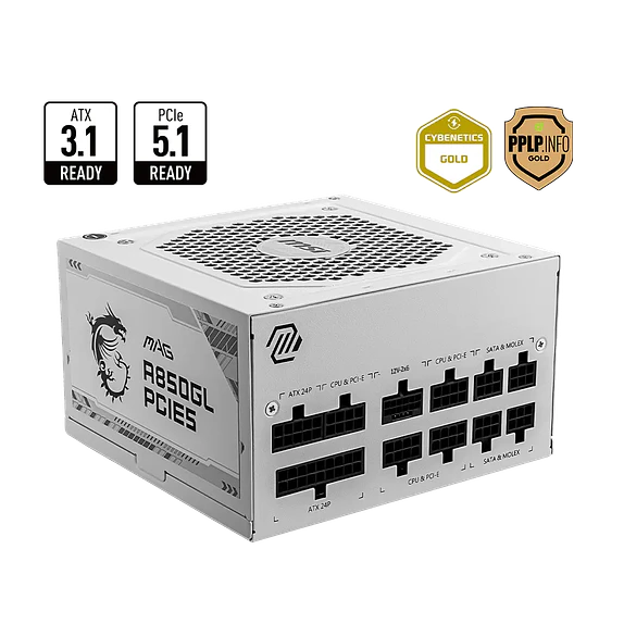 Fuente de Poder MSI MAG A850GL PCIE5 White 850W 80+ Gold Modular ATX 3.0 1