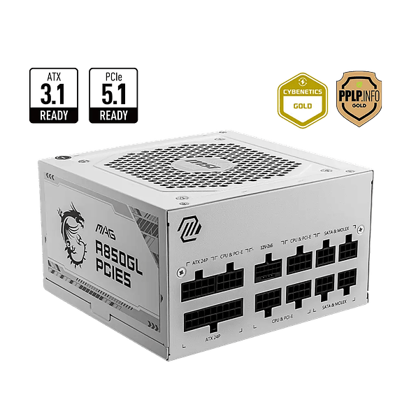Fuente de Poder MSI MAG A850GL PCIE5 White 850W 80+ Gold Modular ATX 3.0 1