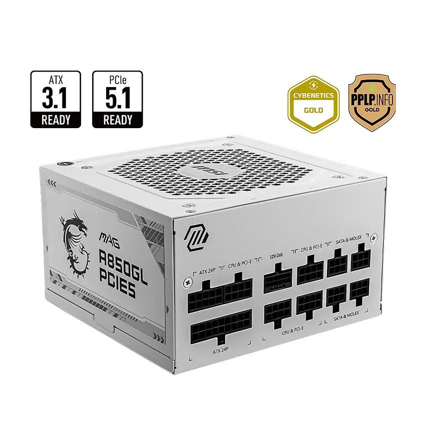 Fuente de Poder MSI MAG A850GL PCIE5 White 850W 80+ Gold Modular ATX 3.0 1