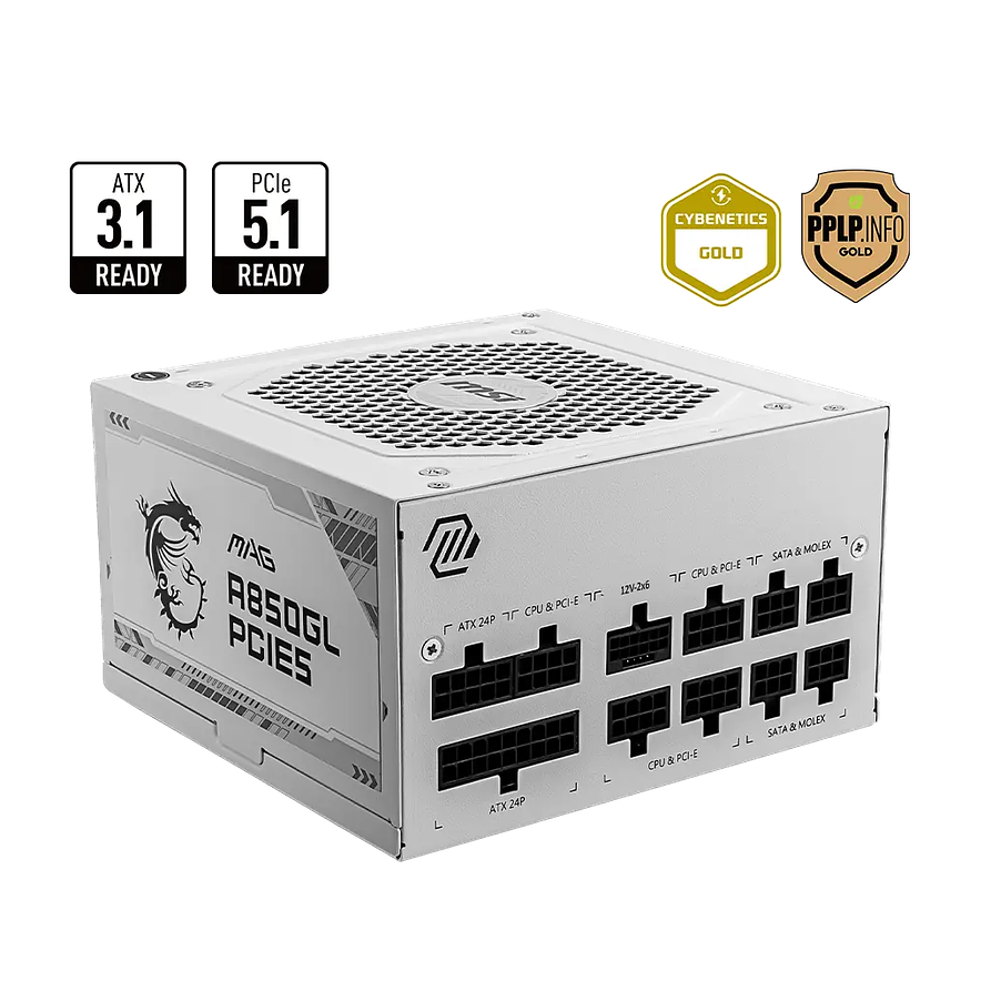Fuente de Poder MSI MAG A850GL PCIE5 White 850W 80+ Gold Modular ATX 3.0 1