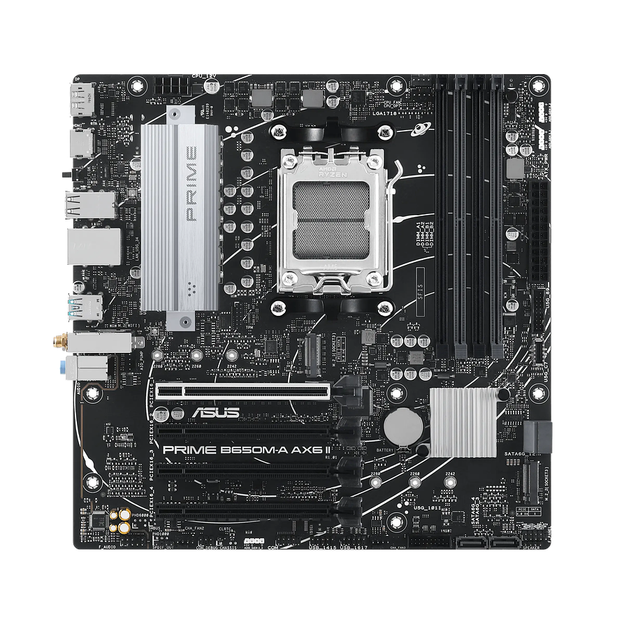 Placa Madre ASUS PRIME B650M-A AX6 II — AM5, DDR5 hasta 192 GB, M.2 PCIe 5.0, Wi-Fi 6, Micro ATX 2