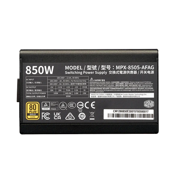 Fuente de Poder Cooler Master Elite Gold 850W Modular 80 Plus Gold ATX 3.1 PCIe 5.1 3