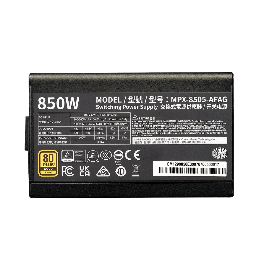 Fuente de Poder Cooler Master Elite Gold 850W Modular 80 Plus Gold ATX 3.1 PCIe 5.1 3