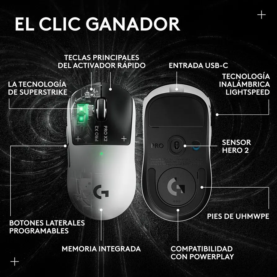 Mouse Gamer Inalámbrico Logitech G PRO X2 SuperStrike HERO 2 44K DPI LIGHTSPEED – Eclipse Lunar 3