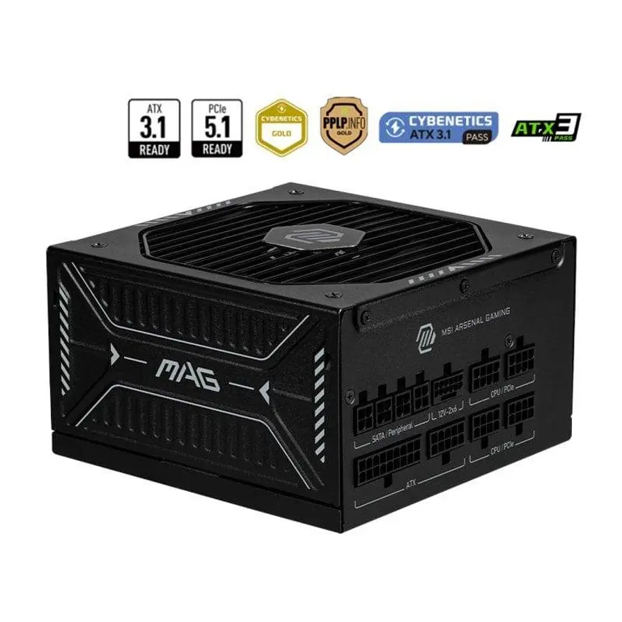 Fuente de Poder MSI MAG A1000GLS PCIE5 1000W 80 PLUS Gold ATX 3.1 1