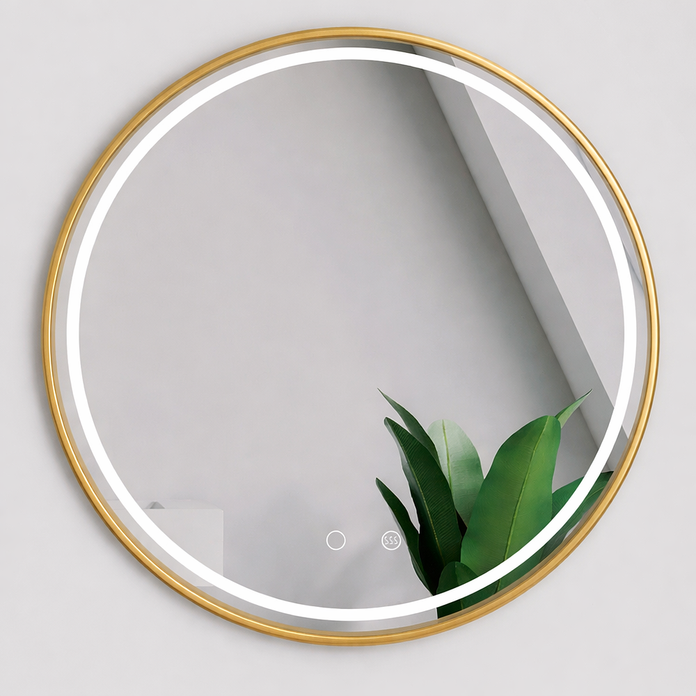 ESPEJO REDONDO MARCO DORADO LUZ LED Y BLUETOOTH