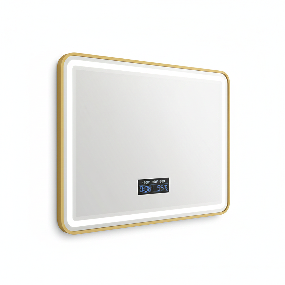 ESPEJO RECTANGULAR CON MARCO DORADO LUZ LED Y BLUETOOTH