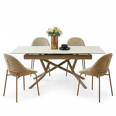 Juego de Comedor Premium: Mesa Extensible de Piedra Sinterizada y Sillas de Tela con Costuras en Rombo