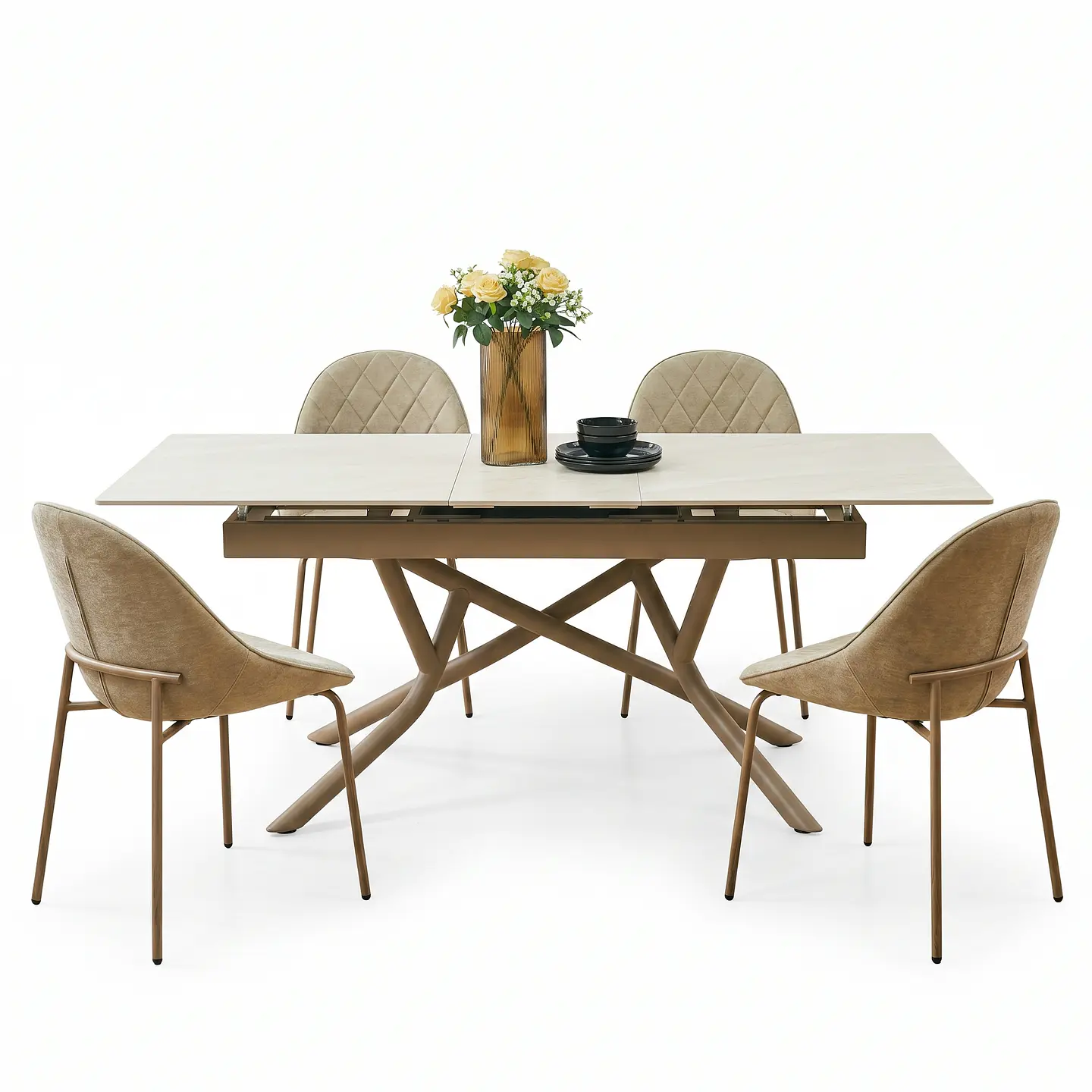 Juego de Comedor Premium: Mesa Extensible de Piedra Sinterizada y Sillas de Tela con Costuras en Rombo 1