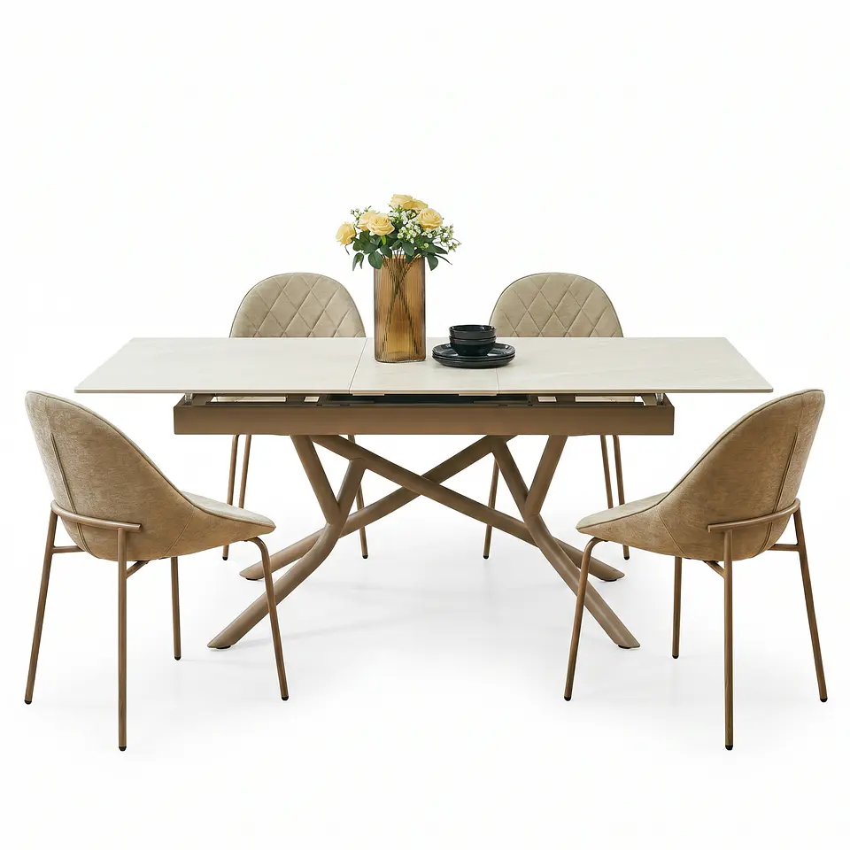 Juego de Comedor Premium: Mesa Extensible de Piedra Sinterizada y Sillas de Tela con Costuras en Rombo 1