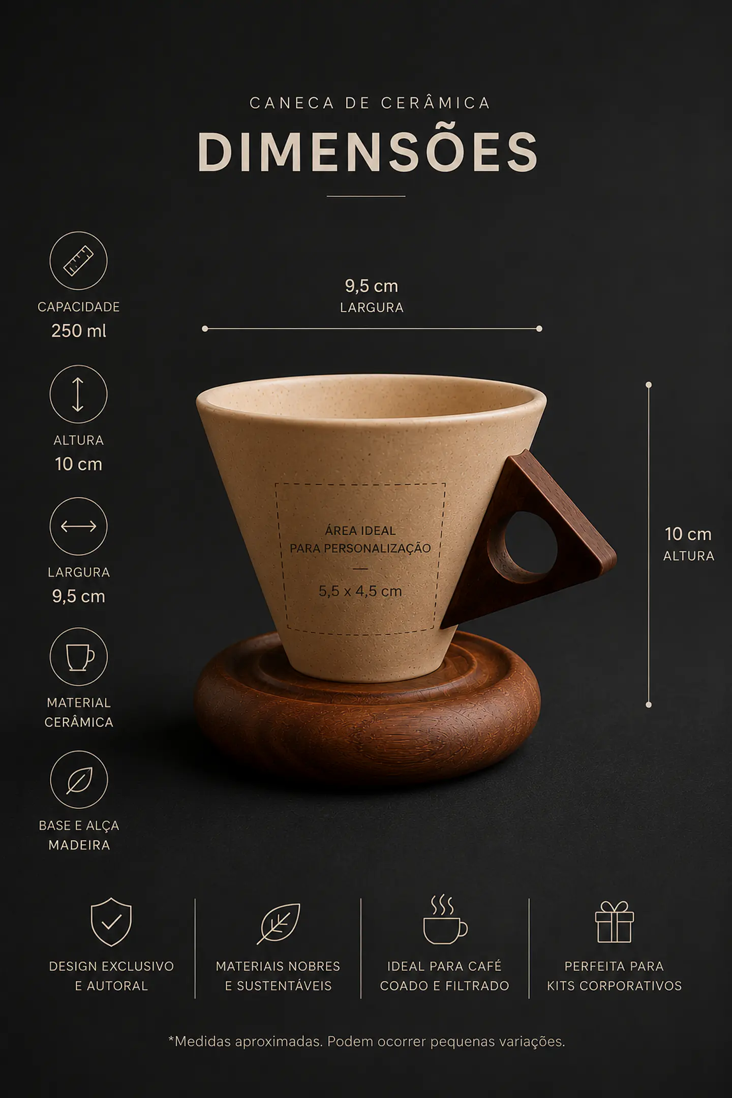 Aura Brew™ | Caneca Cone 250 ml com Base em Madeira 2