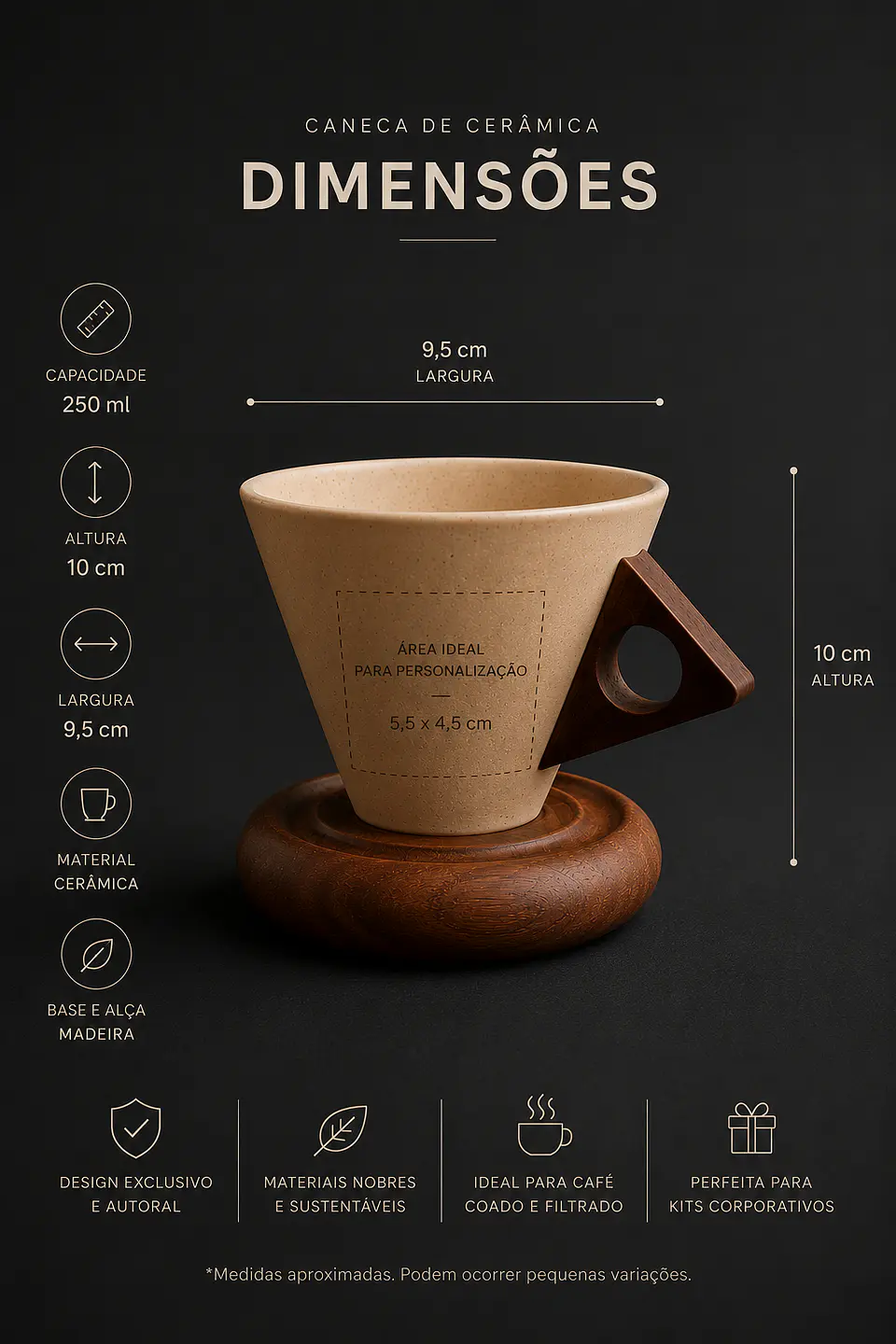 Aura Brew™ | Caneca Cone 250 ml com Base em Madeira 2