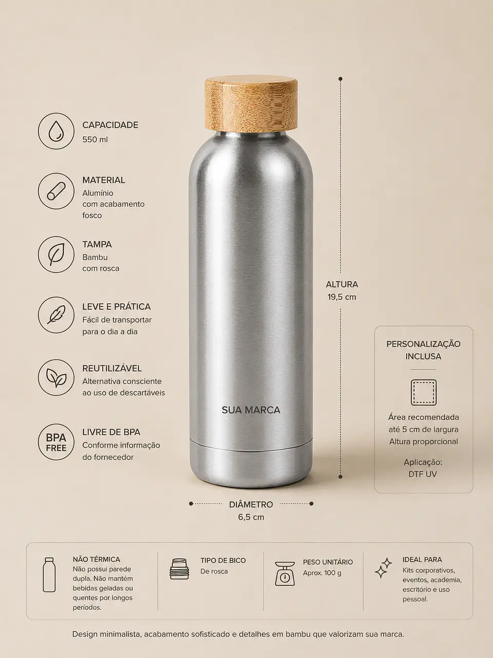 Bamboo Hydrate Bottle | Garrafa de Alumínio 550 ml Personalizada 2