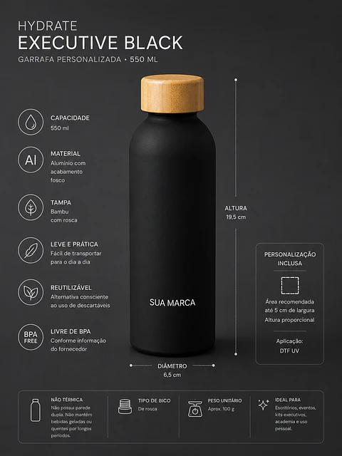 Hydrate Executive Black | Garrafa Personalizada 550 ml