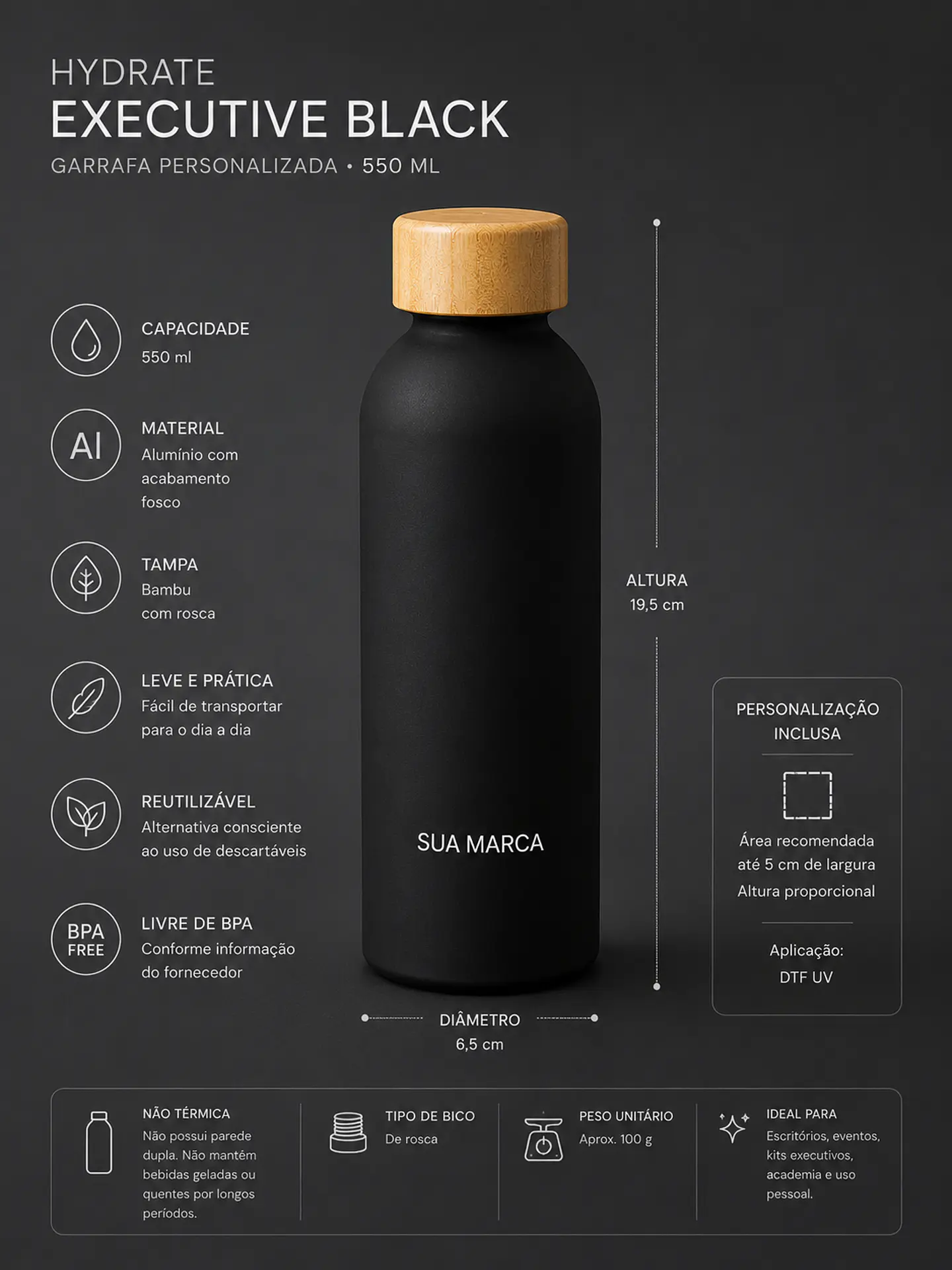 Hydrate Executive Black | Garrafa Personalizada 550 ml 2