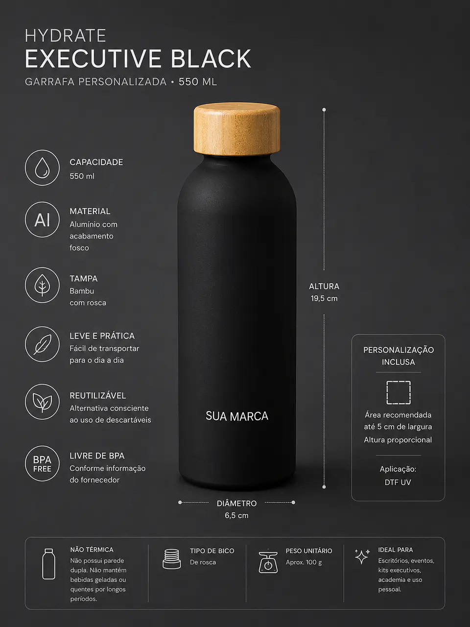 Hydrate Executive Black | Garrafa Personalizada 550 ml 2