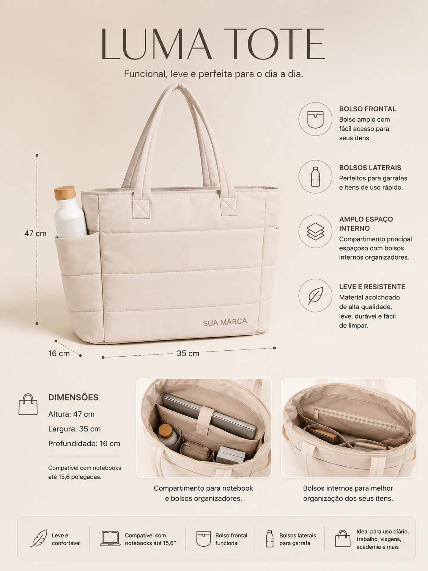Luma Tote Puff Premium Multifuncional 15,6” Personalizada 3