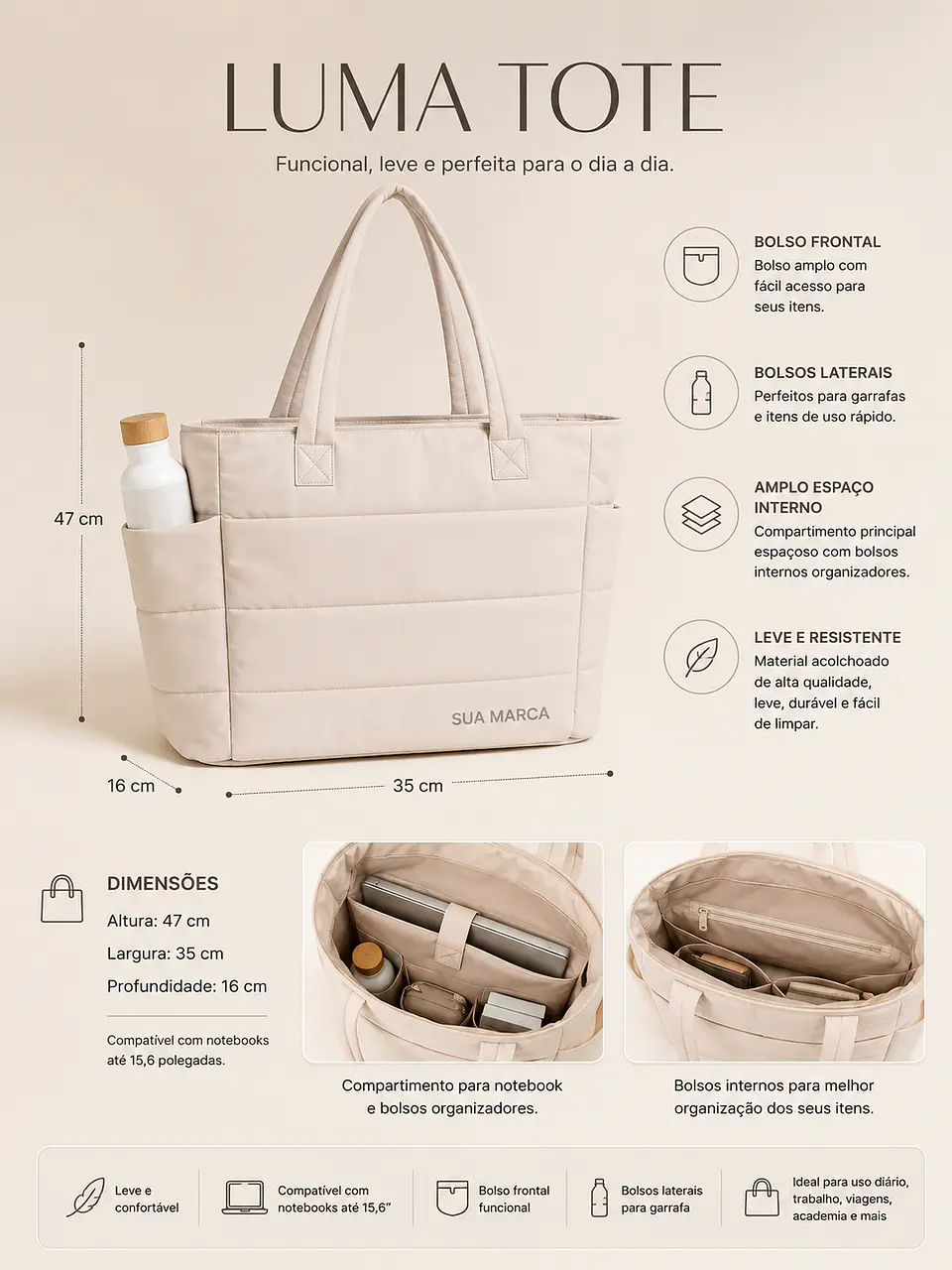 Luma Tote Puff Premium Multifuncional 15,6” Personalizada 3