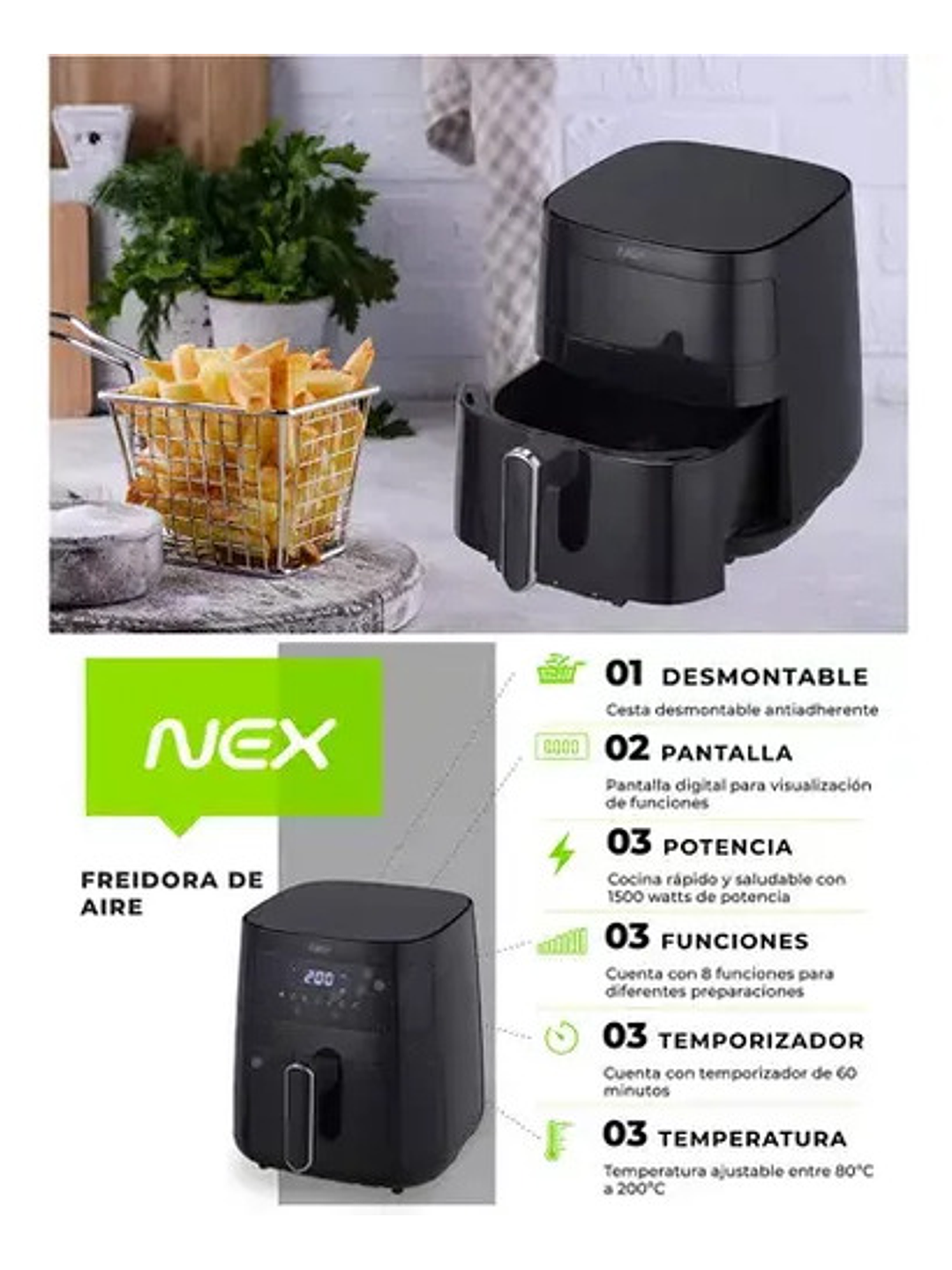 Freidora De Aire Digital Nex Temp Ajustable 5.5lt 1500w 5