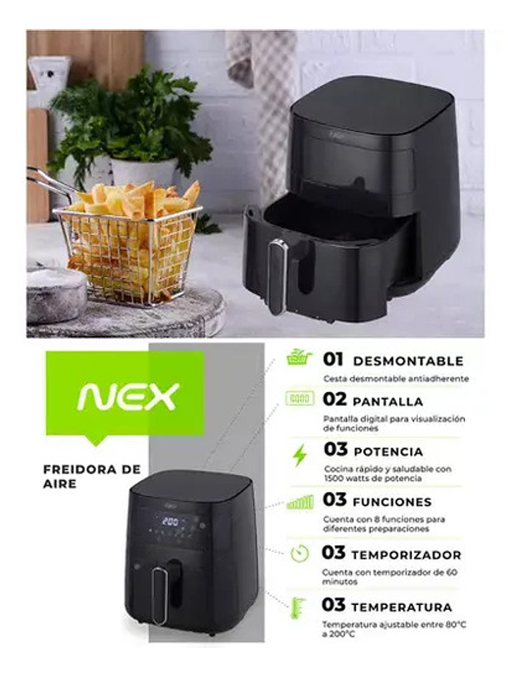 Freidora De Aire Digital Nex Temp Ajustable 5.5lt 1500w 5