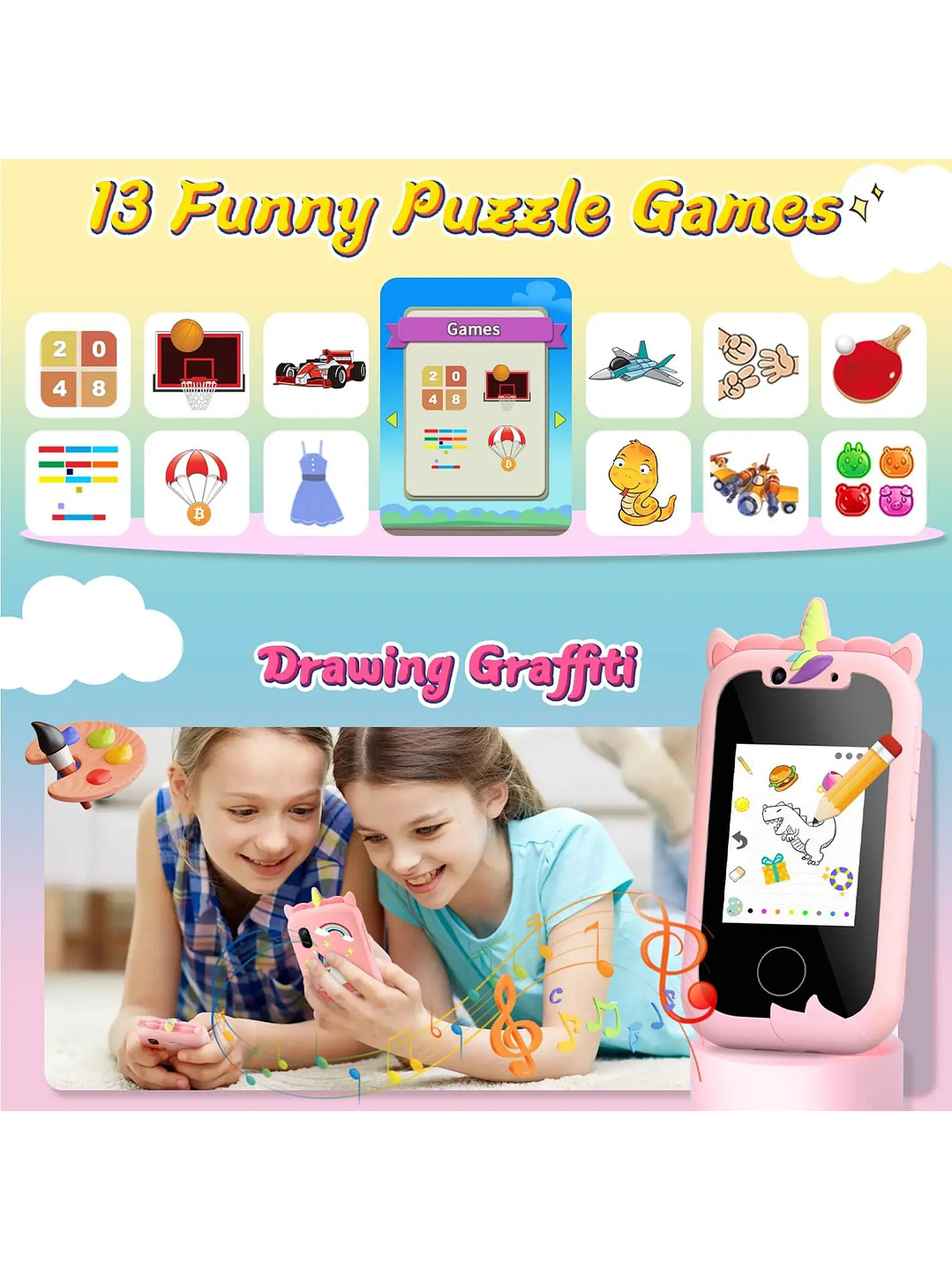 Teléfono Celular Juguete Para Niños Juegos Camara Tactil Rosado 6