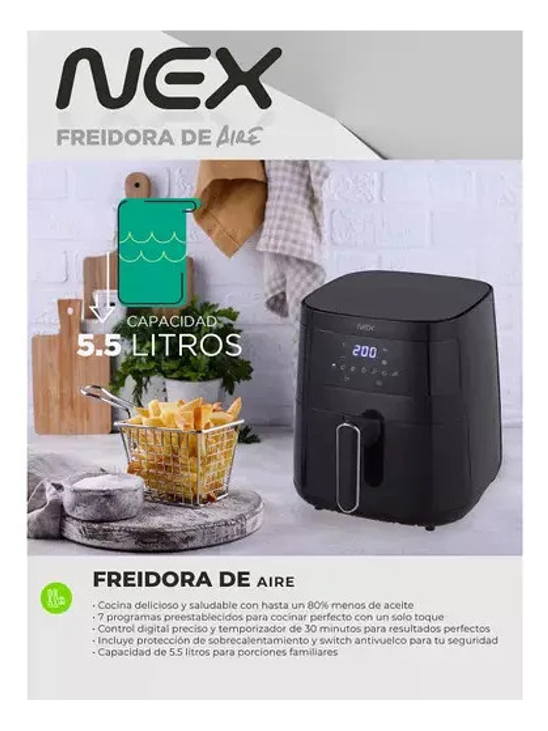 Freidora De Aire Digital Led Temp Ajustable 5.5lt 1500w Nex Negro 2