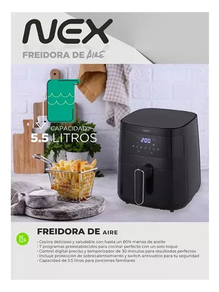 Freidora De Aire Digital Led Temp Ajustable 5.5lt 1500w Nex Negro 2