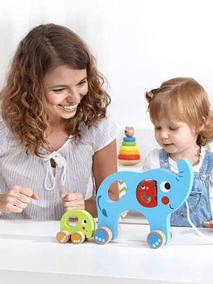 Juguete de Madera Mamá y Bebé Elefantes con Rueditas