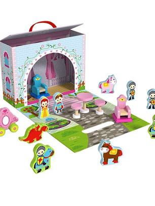 Juguete Castillo De Princesa Con Figuras De Madera Y Maleta