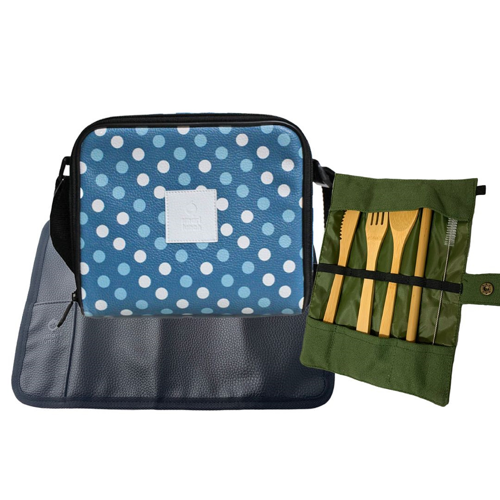 Set Lancheira OntheGo Azul Individual e Talheres Bambu 