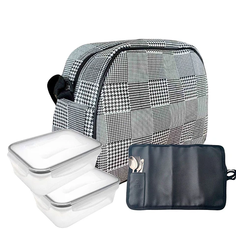 Set Lancheira Travel Xadrez, duas caixas de 500 ml, individual preto e talheres 