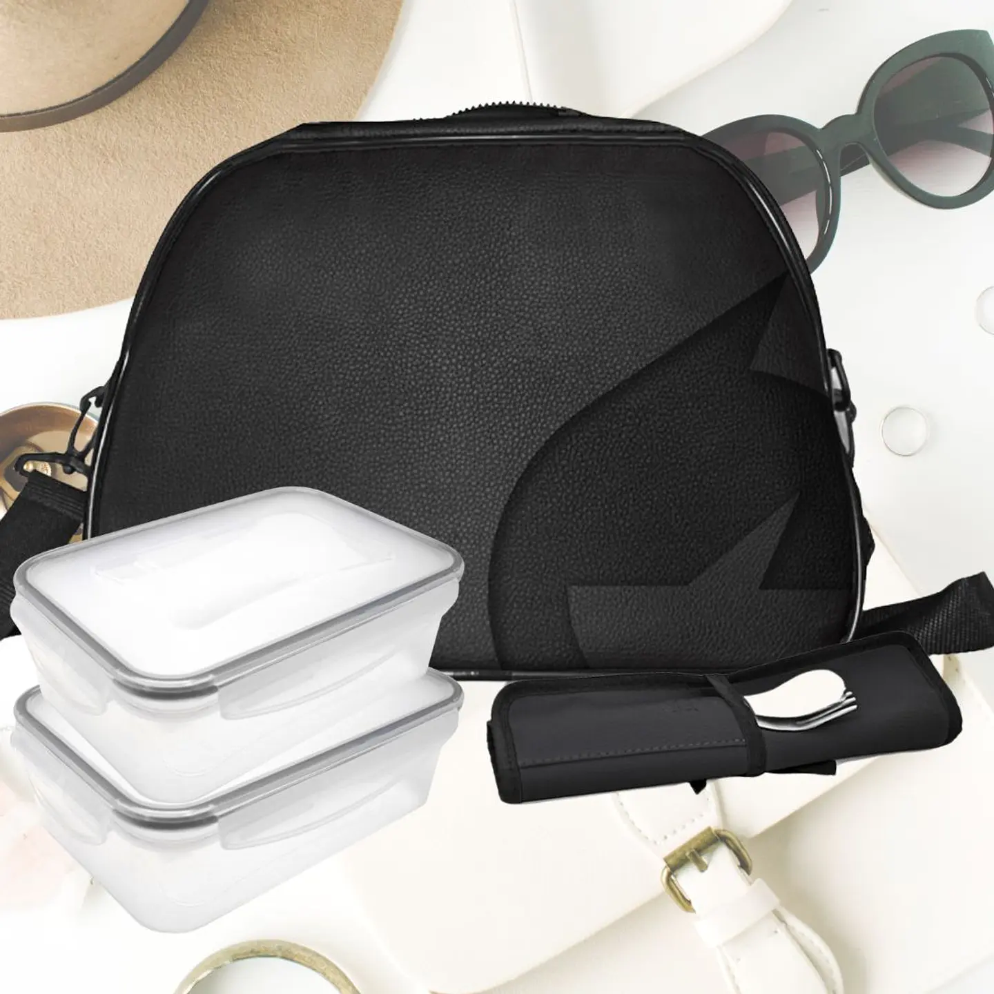 Set Lancheira Travel Preto, duas caixas de 500 ml, individual preto e  talheres 1