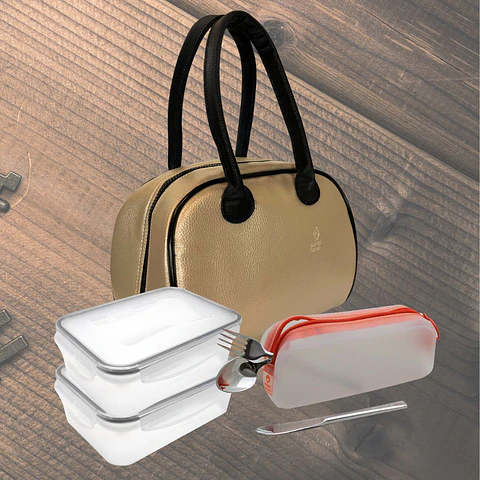 Set Lancheira SmartEve Gold, 2 caixas de 500 ml, set de talheres e estojo de talheres