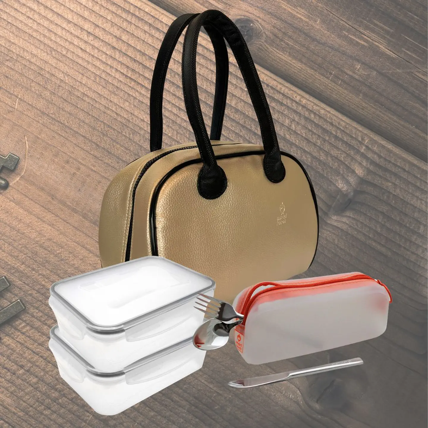 Set Lancheira SmartEve Gold, 2 caixas de 500 ml, set de talheres e estojo de talheres 1