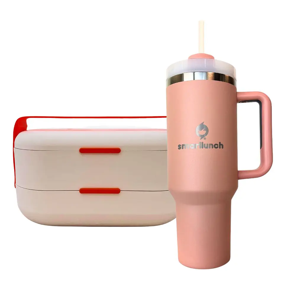 Set Copo Térmico Beje e Marmita Bento Branca 2