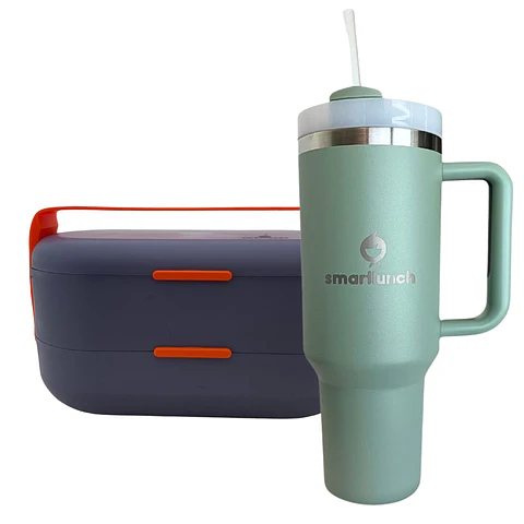 Set Copo Térmico Verde e Marmita Bento AzulCinza
