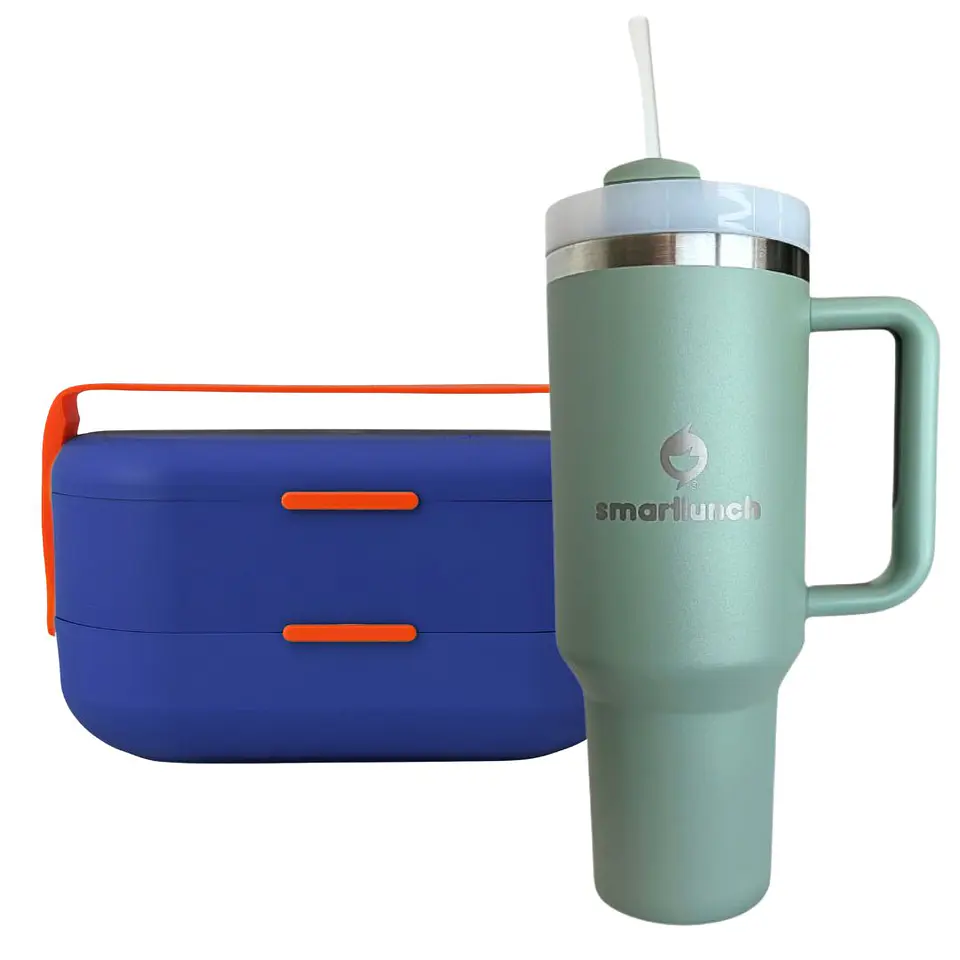 Set Copo Térmico Verde e Marmita Bento Azul 2