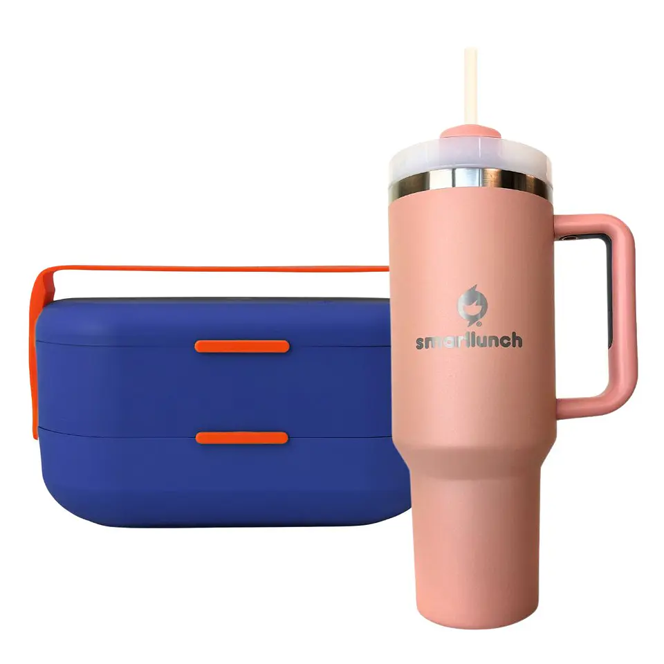 Set Copo Térmico Beje e Marmita Bento Azul  2