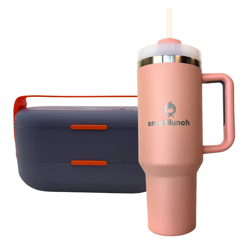 Set Copo Térmico Beje e Marmita Bento Azul Cinza 2