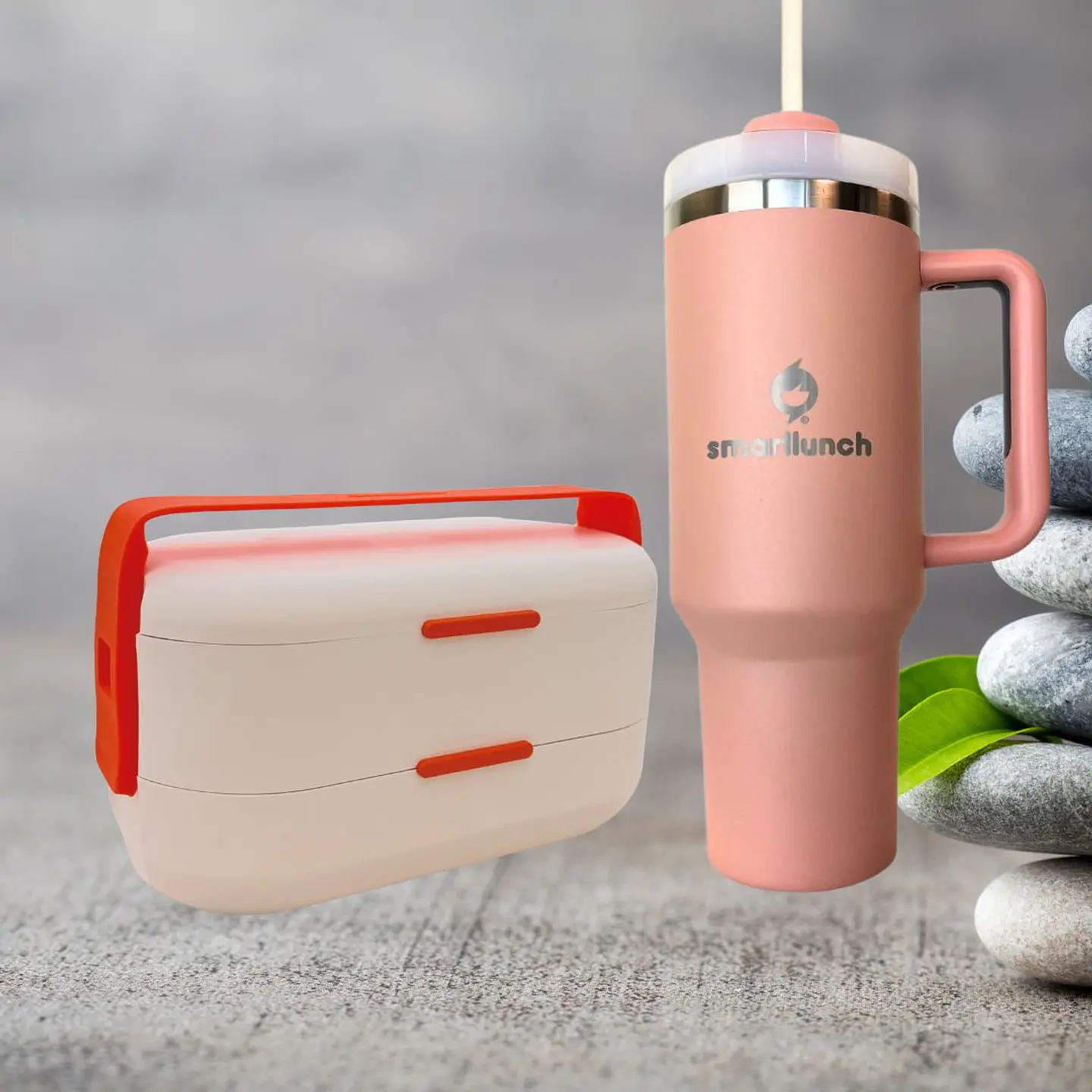 Set Copo Térmico Beje e Marmita Bento Branca 1