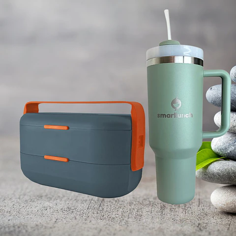 Set Copo Térmico Verde e Marmita Bento AzulCinza
